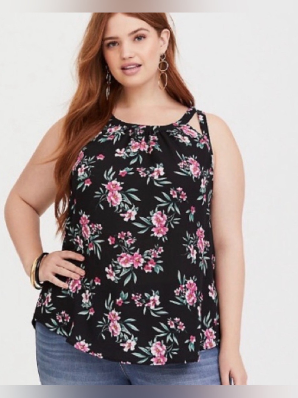 torrid Black Sleeveless Floral Halter-Style Top with Pink Blooms